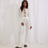 Chic Rib Knit Crew Neck Tie Front Cardigan and Pants Matching Set