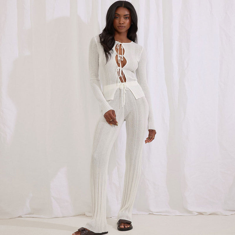 Chic Rib Knit Crew Neck Tie Front Cardigan and Pants Matching Set