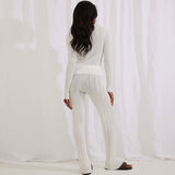 Chic Rib Knit Crew Neck Tie Front Cardigan and Pants Matching Set