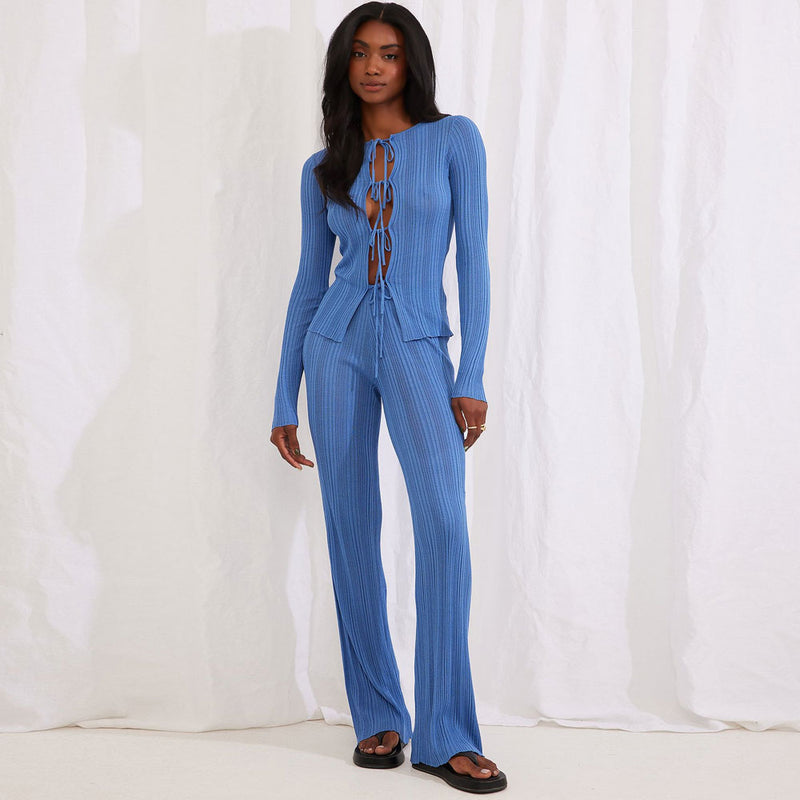 Chic Rib Knit Crew Neck Tie Front Cardigan and Pants Matching Set