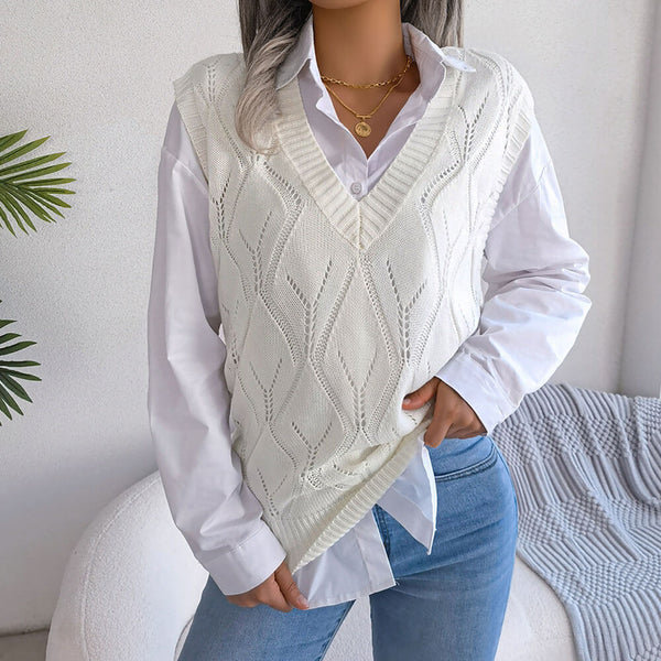 Chic Solid Color V Neck Argyle Pointelle Knit Pullover Sweater Vest