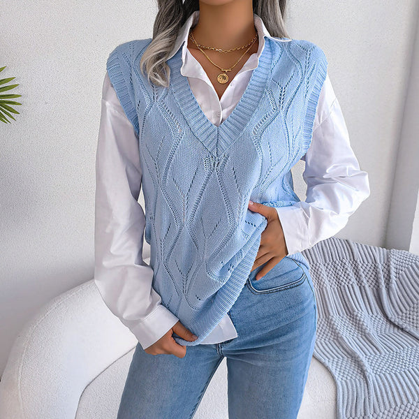 Chic Solid Color V Neck Argyle Pointelle Knit Pullover Sweater Vest