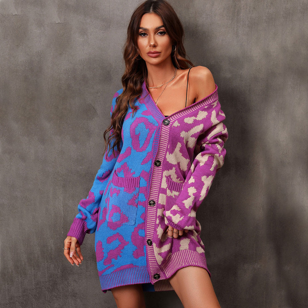 Chic Two Tone Button Front Long Sleeve Leopard Jacquard Knit Chic Two Tone Button Front Long Sleeve Leopard Jacquard Knit