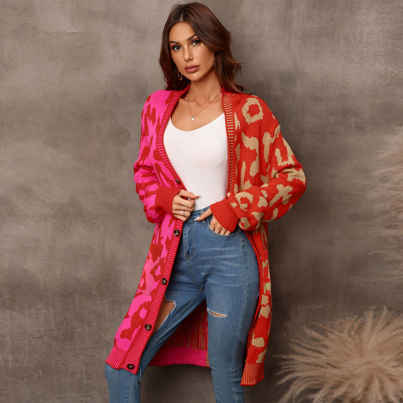 Chic Two Tone Button Front Long Sleeve Leopard Jacquard Knit