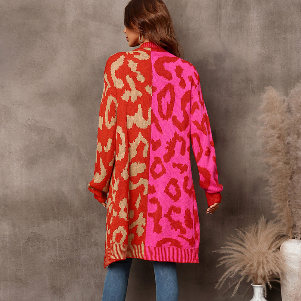 Chic Two Tone Button Front Long Sleeve Leopard Jacquard Knit