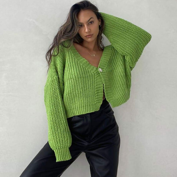 Chic V Neck Drop Shoulder Button Front Green Chunky Rib Knit Sweater Cardigan