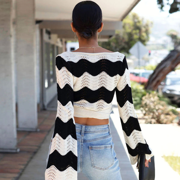 Chic Black Wavy Striped Print Crochet Pointelle Knit Cropped Wrap Cardigan