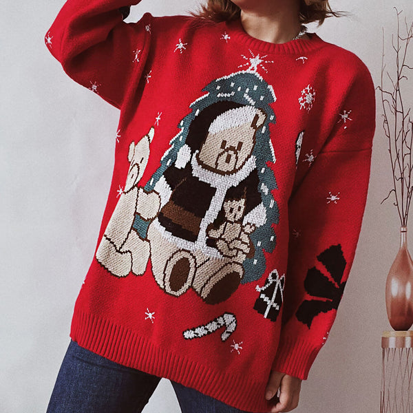 Christmas Bear Jacquard Crew Neck Long Sleeve Pullover Sweater