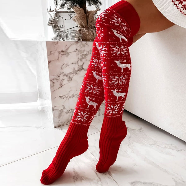 Christmas Holiday Snowflake Pattern Thigh High Knit Socks