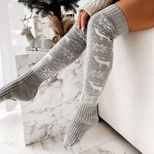 Christmas Holiday Snowflake Pattern Thigh High Knit Socks