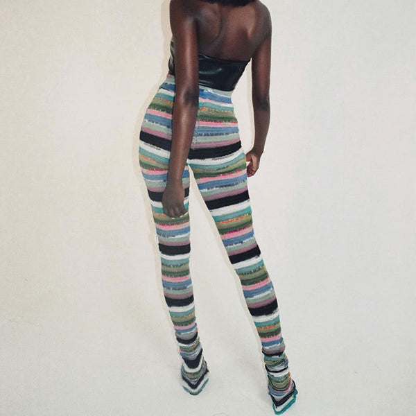 Christmas Multicolor Striped Knit High Rise Fitted Elongator Pants