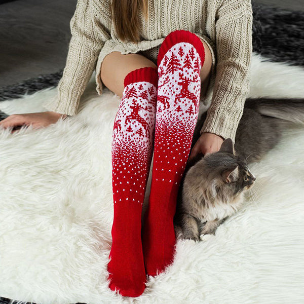 Christmas Reindeer Pattern Thigh High Contrast Red Knit Socks
