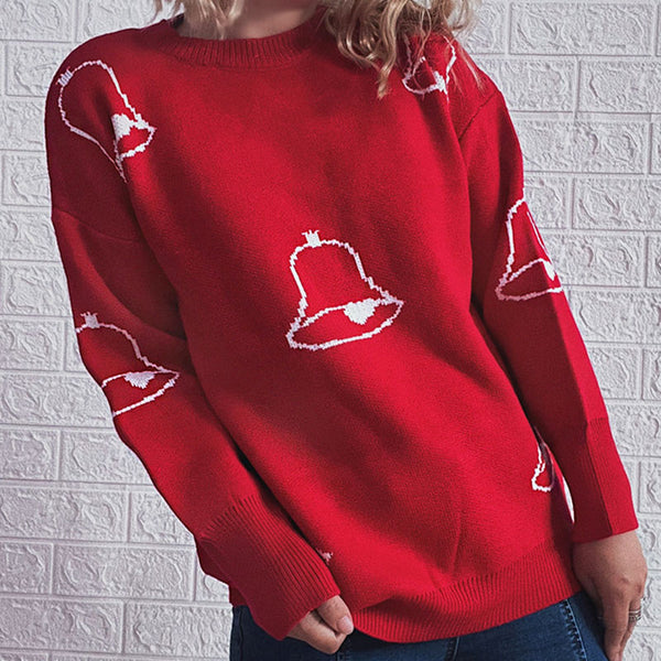 Red Christmas Tinker Bell Print Crew Neck Pullover Knit Sweater