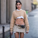 Chunky Cable Knit Solid Color Crew Neck Super Cropped Sweater