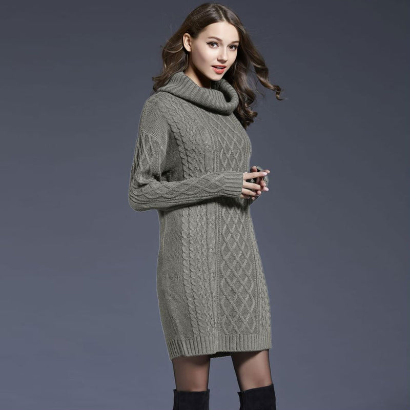 Chunky Cowl Neck Drop Shoulder Fisherman Cable Knit Mini Sweater Dress