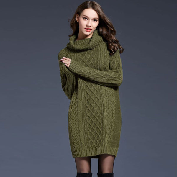 Chunky Cowl Neck Drop Shoulder Fisherman Cable Knit Mini Sweater Dress
