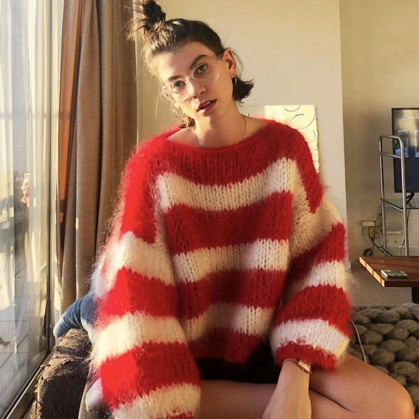 Chunky Hand Knit Stripe Boat Neck Puff Sleeve Red and White Striped Sweater