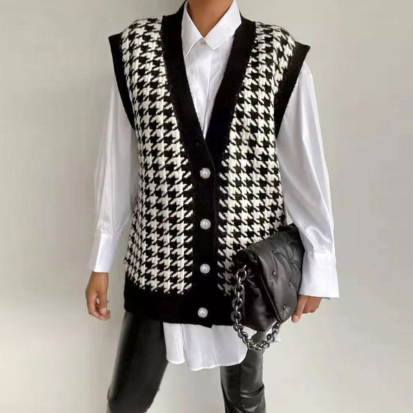 Classic Black Houndstooth Jacquard Knit Button Up Sweater Vest