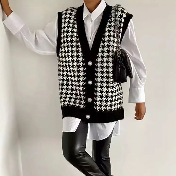 Classic Black Houndstooth Jacquard Knit Button Up Sweater Vest