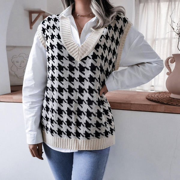 Classic Houndstooth Jacquard Knit V Neck Pullover Sweater Vest