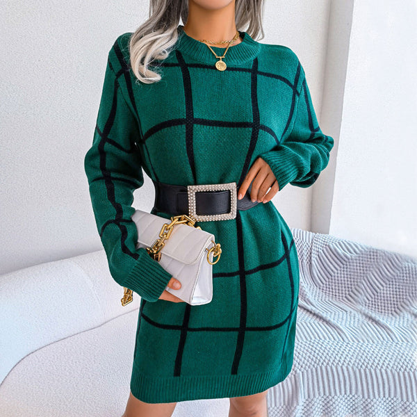 Classic Long Sleeve Plaid Print Pullover Sweater Mini Dress
