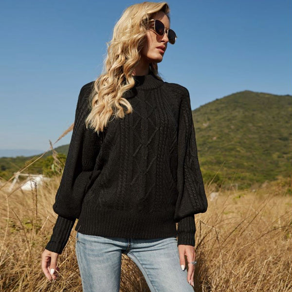 Classic Mock Neck Bishop Sleeve Pullover Fisherman Knit Sweater