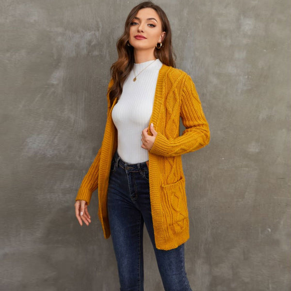 Classic Open Front Long Sleeve Ginger Fisherman Cable Knit Cardigan
