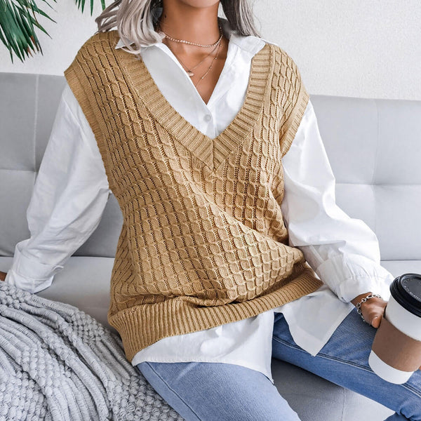 Classic Solid Color V Neck Pullover Cable Knit Sweater Vest
