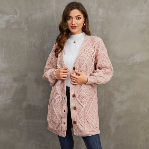 Classic Pink V Neck Button Up Side Slit Fisherman Cable Knit Cardigan