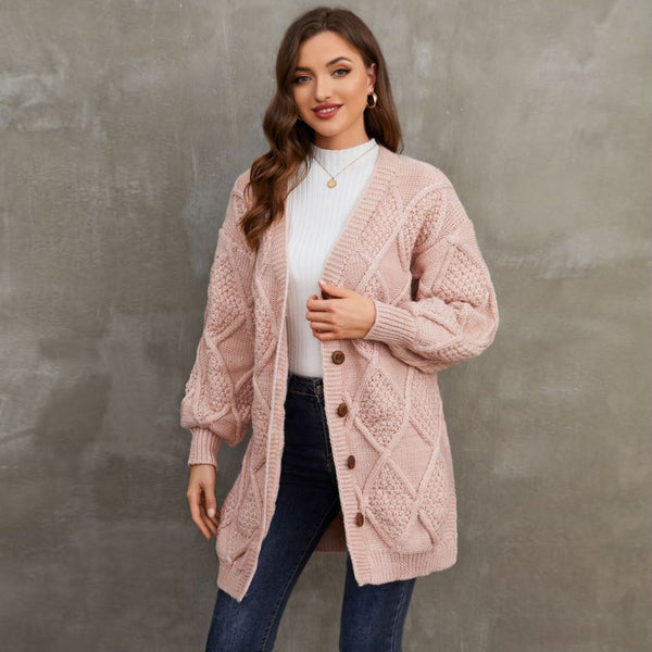Classic Pink V Neck Button Up Side Slit Fisherman Cable Knit Cardigan