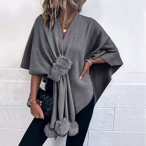 Classy Faux Fur Pom Pom Pull Through Crossover Knit Cape Cardigan