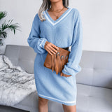 College Striped V Neck Drop Shoulder Long Sleeve Sweater Dress