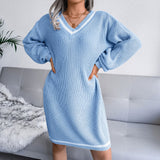 College Striped V Neck Drop Shoulder Long Sleeve Sweater Dress