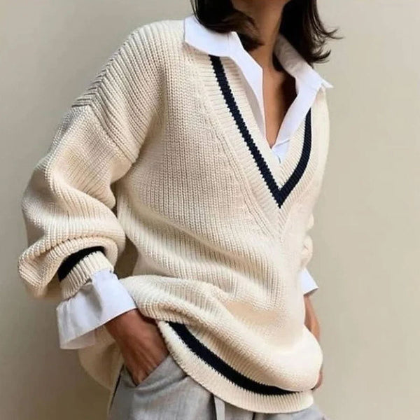 College Striped V Neck Long Sleeve Oversized Knit Sweater
