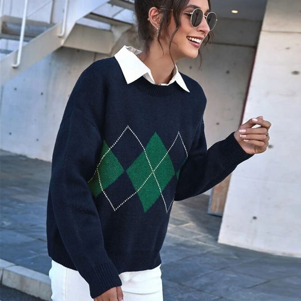 College Style Navy Blue Color Block Oversized Pullover Argyle Sweater