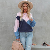 Color Block Zig Zag Crew Neck Balloon Sleeve Royal Blue Pullover Sweater