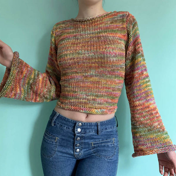 Colorful Crew Neck Bell Sleeve Roll Trim Space Dye Knit Cropped Sweater