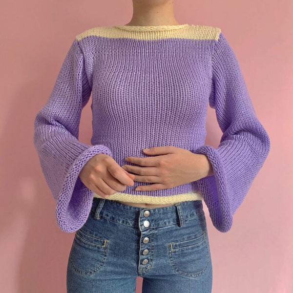 Color Block Crew Neck Bell Sleeve Roll Trim Cropped Knit Sweater
