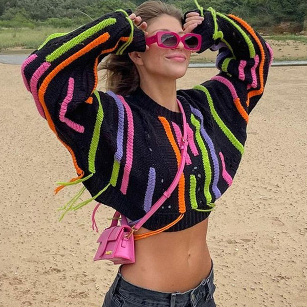 Colorful Fringe Trim Crew Neck Drop Shoulder Distressed Knit Crop Sweater