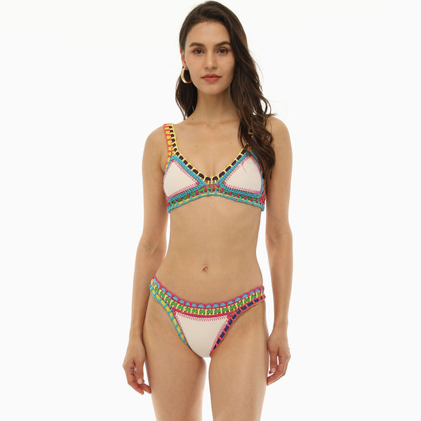 Colorful Neoprene Crochet Open Knit Triangle Bikini Set