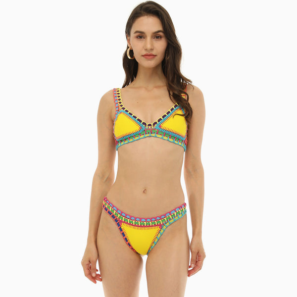 Colorful Neoprene Crochet Open Knit Triangle Bikini Set