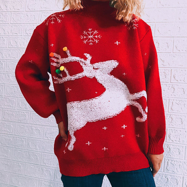 Colorful Pom Pom Reindeer Oversized High Neck Christmas Sweater