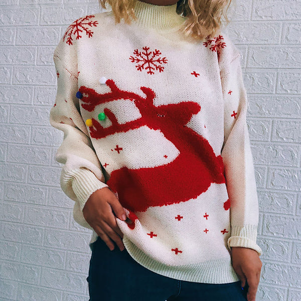 Colorful Pom Pom Reindeer Oversized High Neck Christmas Sweater