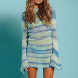 Colorful Sheer Backless Bell Sleeve Blue Striped Marled Knit Mini Dress