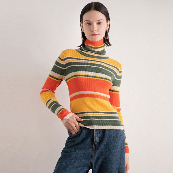 Colorful Striped Print Long Sleeve Turtleneck Rib Knit Fitted Top