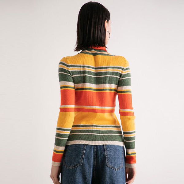 Colorful Striped Print Long Sleeve Turtleneck Rib Knit Fitted Top