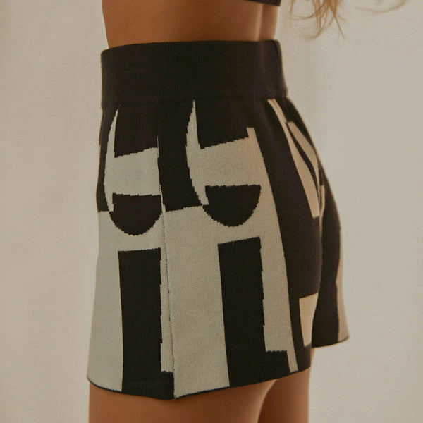 Contrast Black and White Geometric Pattern High Waist Fitted Knit Shorts
