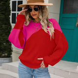 Comfy Color Block Drop Shoulder Pullover Rib Knit Sweater