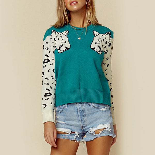 Comfy Teal Crew Neck Contrast Leopard Long Sleeve Intarsia Knit Sweater