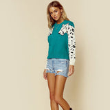 Comfy Teal Crew Neck Contrast Leopard Long Sleeve Intarsia Knit Sweater
